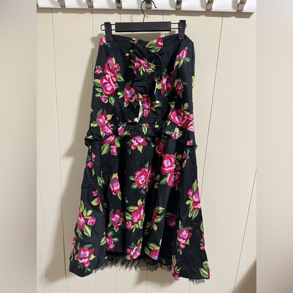 Vintage Y2K Torrid Black Pink Floral Ruffle Strapless Dress plus size 20 2x